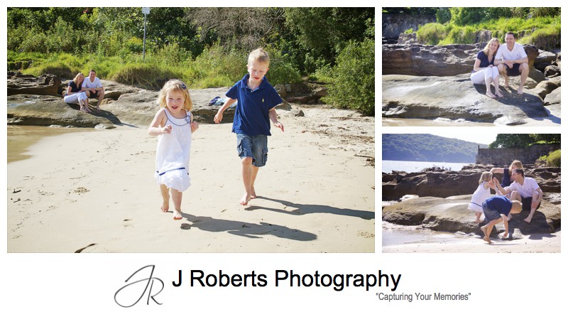 Children running on Chinaman's Beach Mosman - family portrait photography sydney